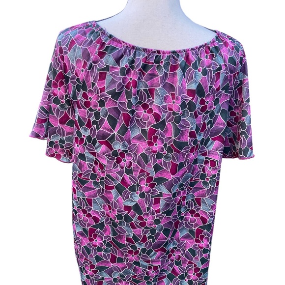 Vintage 70s-80s Purple Green Floral Flutter Sleeve Blouse Stained Glass L - Picture 2 of 7